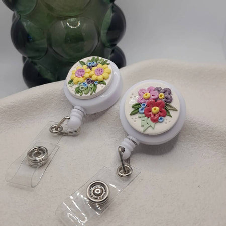 retractable clip on ID badge holder, cards or keys- floral bouquets- great for nurse, doctor, teacher, office