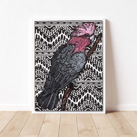 Australian Birds - Pink Galah - Linoprint and Watercolour