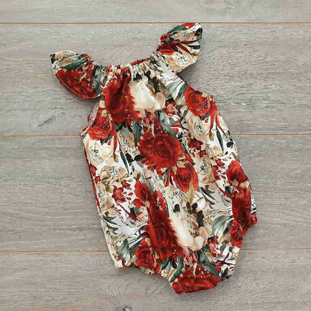 Christmas Floral Playsuit Flutter Green And Red Christmas Romper Coming Home Outfit Baby Photos Baby Gift Bubble Romper Xmas Playsuit