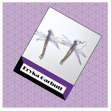 Dangle earrings. Dragonfly nylon mesh and crystal.