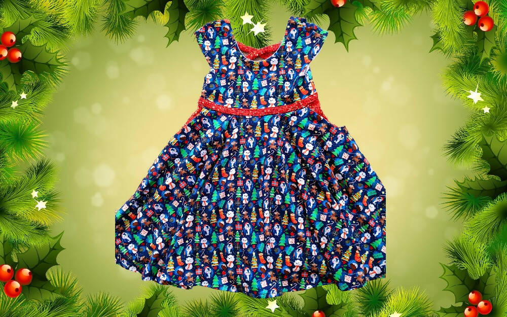 Christmas, Girls Stretch Knit Dress, Penguin and Friends