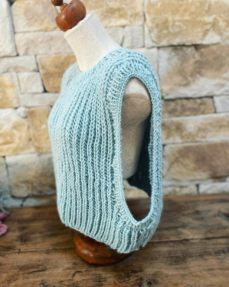 Handknitted Blue Ribbed Sleeveless Vest Pullover