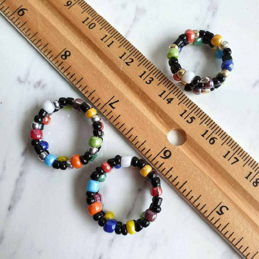 Statement colourful seed bead 2 line memory wire ring , Black & Lustered Opaque