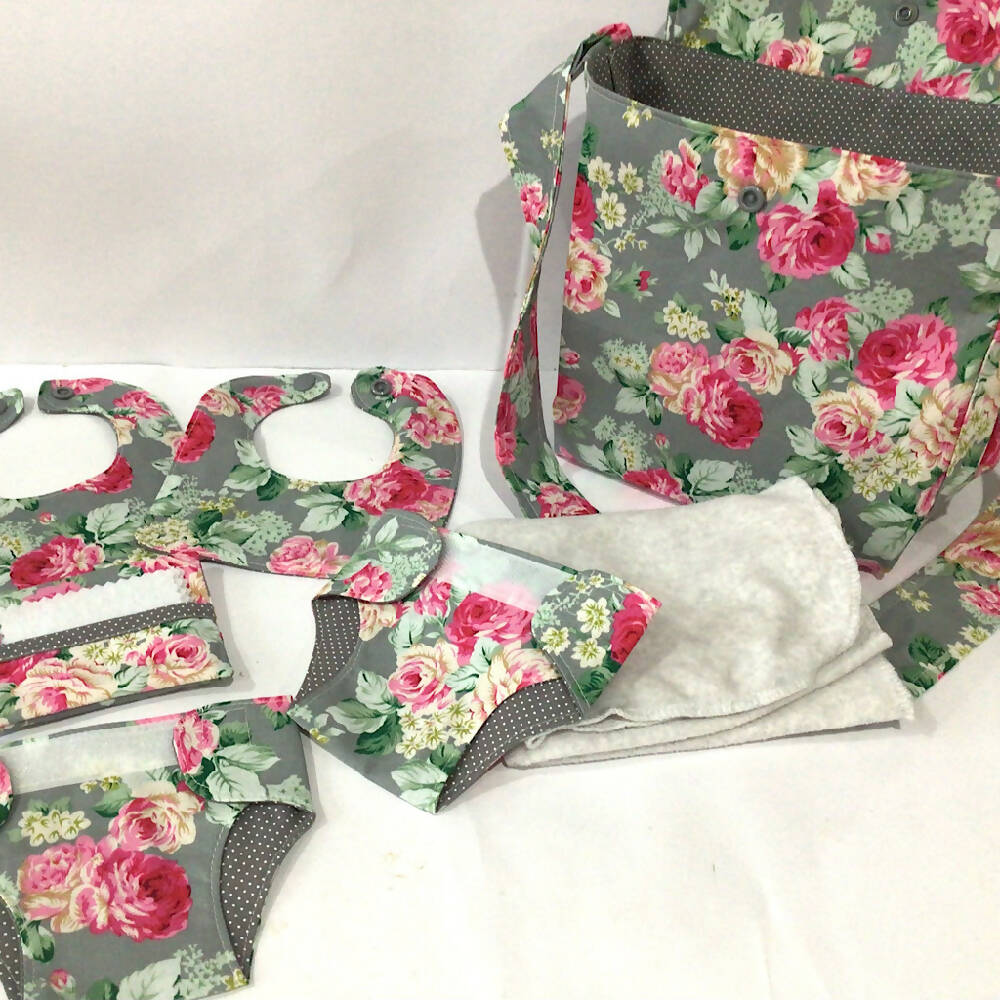 Nappy Bag #2 and accessories for Baby Doll - grey floral, spot