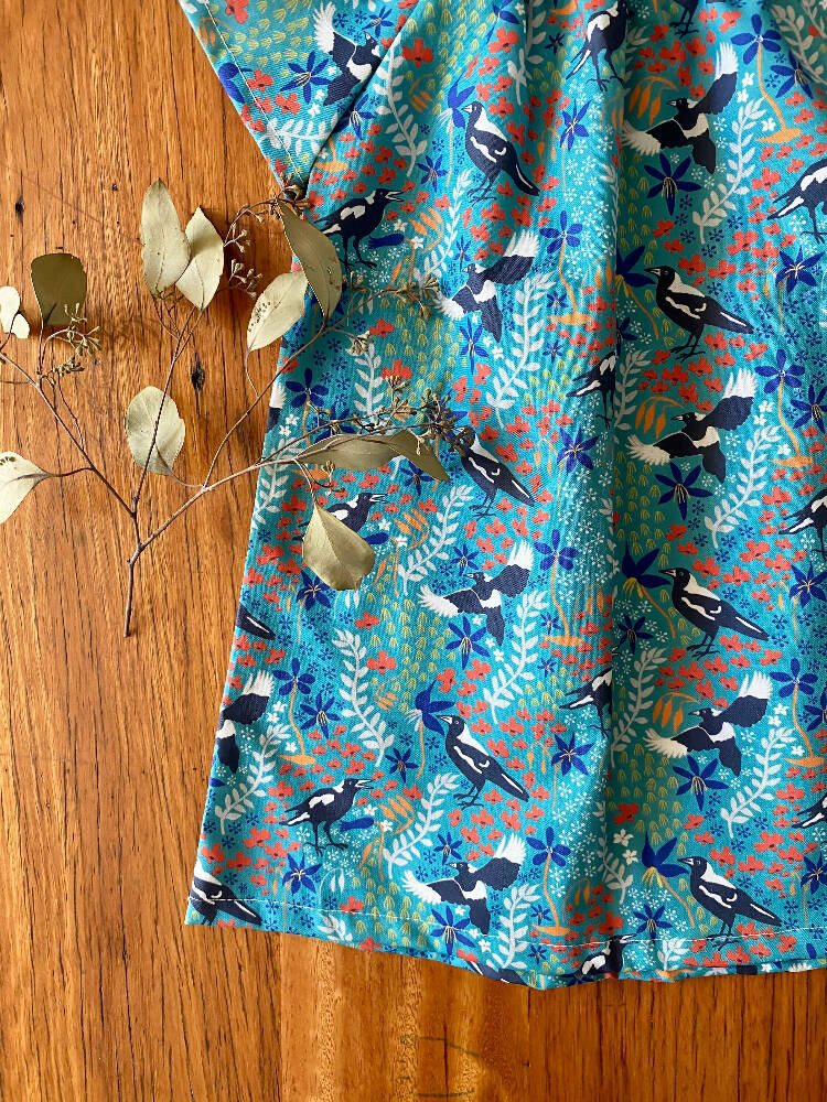 dress - turquoise magpies / cotton peasant-style dress green / Australian birds