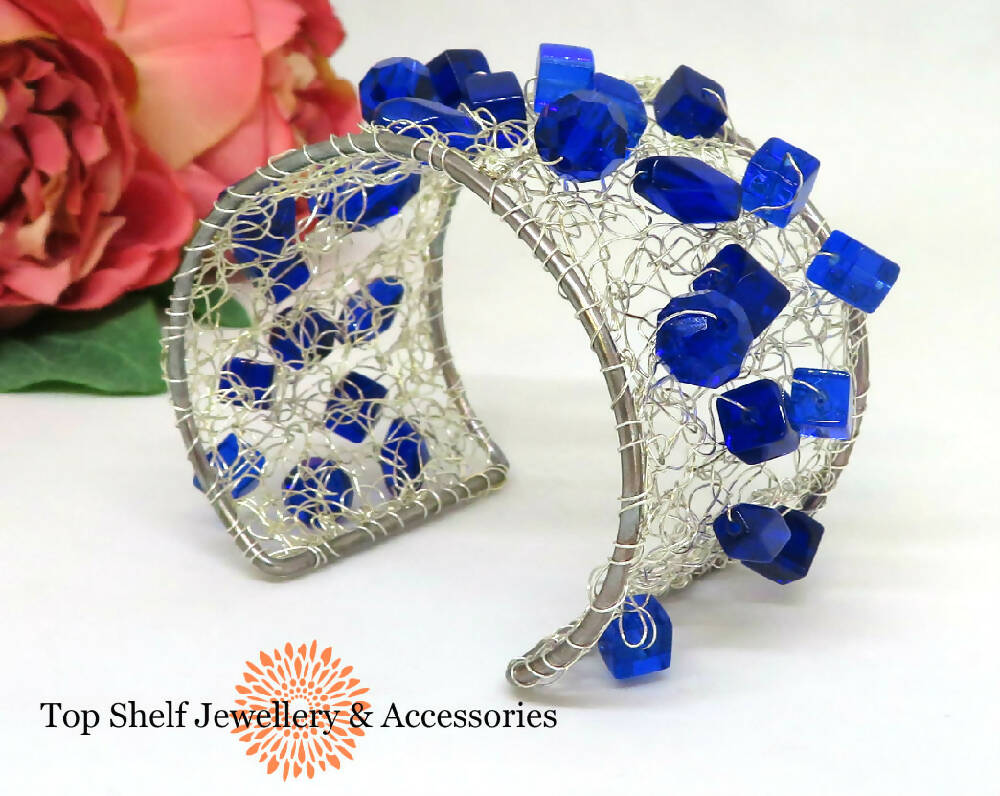 Cobalt Blue Crochet Wire Boho Beaded Cuff Bracelet