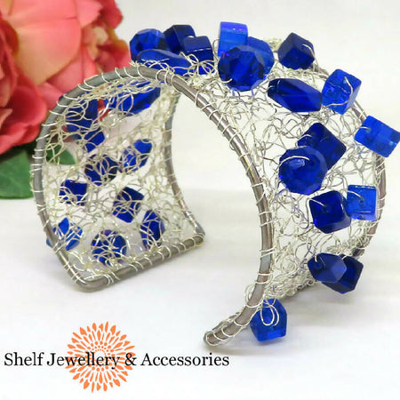 Cobalt Blue Crochet Wire Boho Beaded Cuff Bracelet