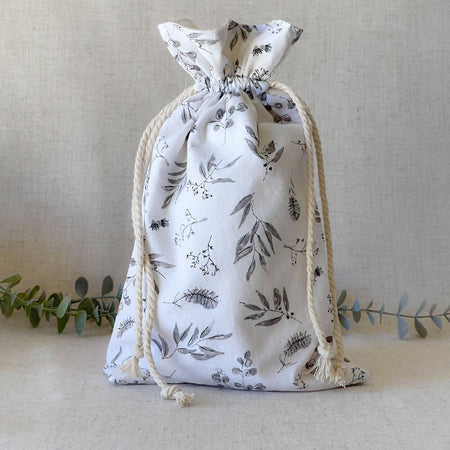 Reusable Fabric Gift Bag - Grey Gum Leaves