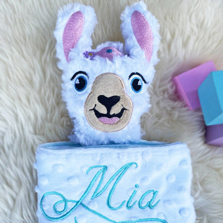 Baby comforter, Embroidered name, Llama themed Ruggybud, Made to order