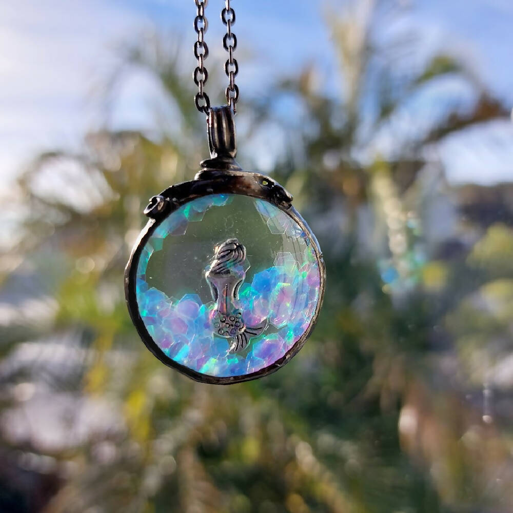 Mermaid charm and glitter necklace, beautiful hand soldered sparkling pendant