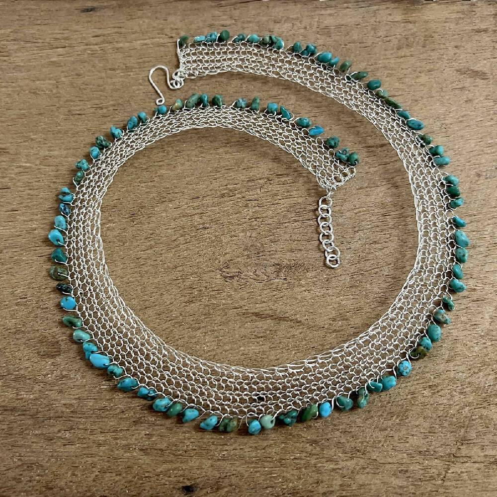 Knitted fine silver & turquoise necklace