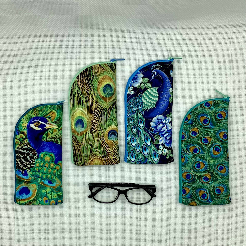 Peacock feathers curved top zip pouch for glasses, phones, handbag organiser, etc.
