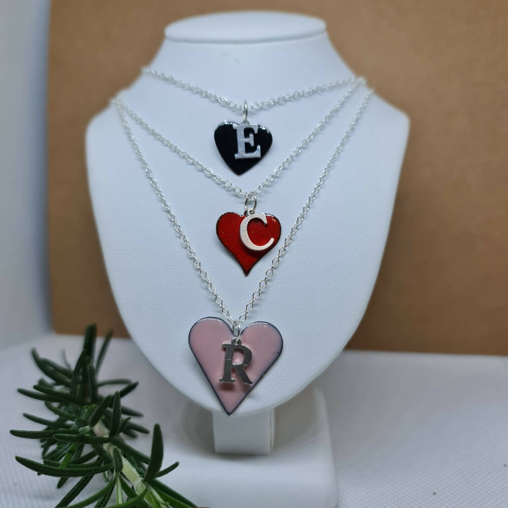 PERSONALISED LETTER DROP - HEART VITREOUS ENAMEL AND SILVER ALPHABET PENDANT