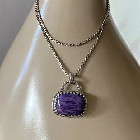 Sterling Silver Charoite Gothic Purple Pendant - Rectangular