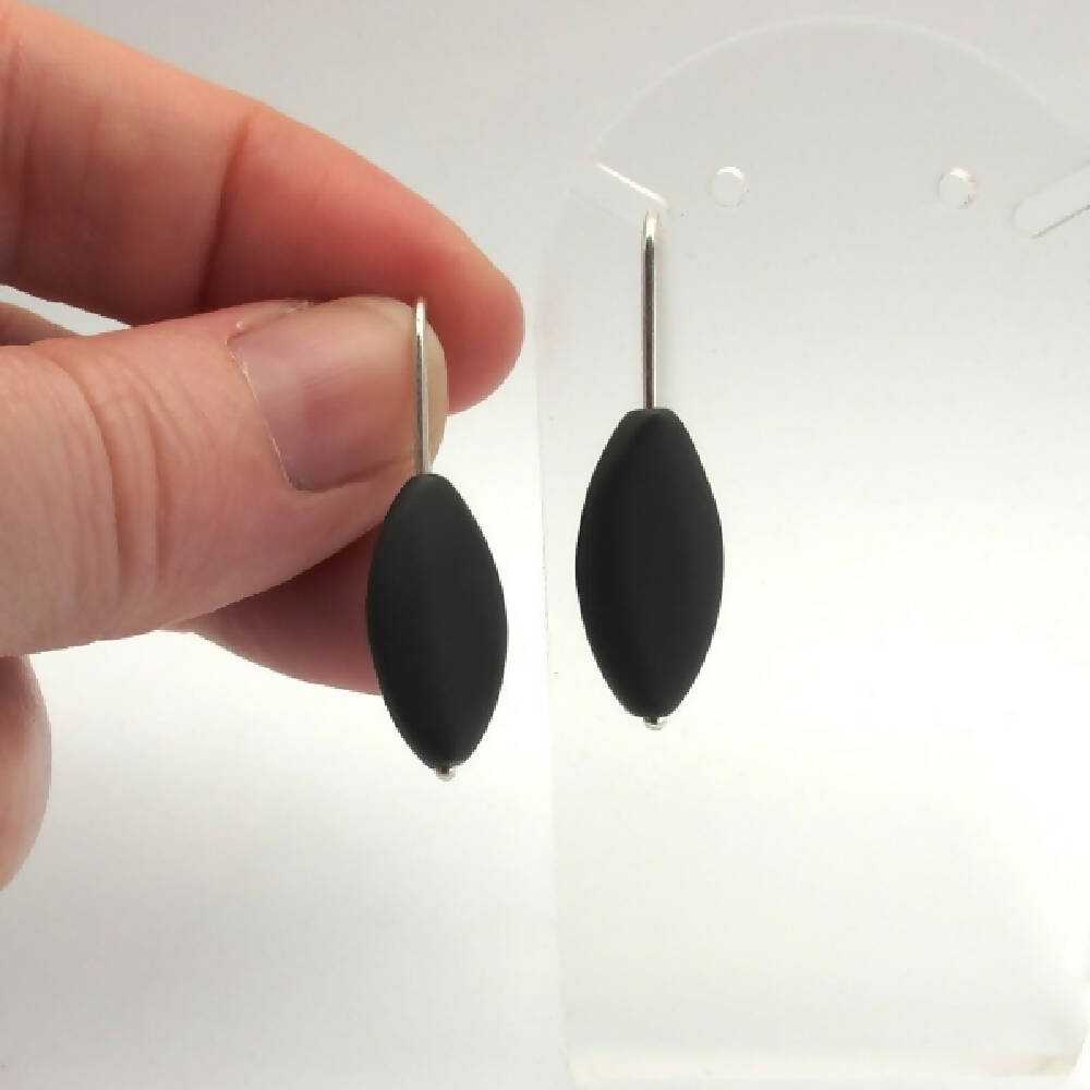 Matte onyx marquise and sterling silver short stack earrings
