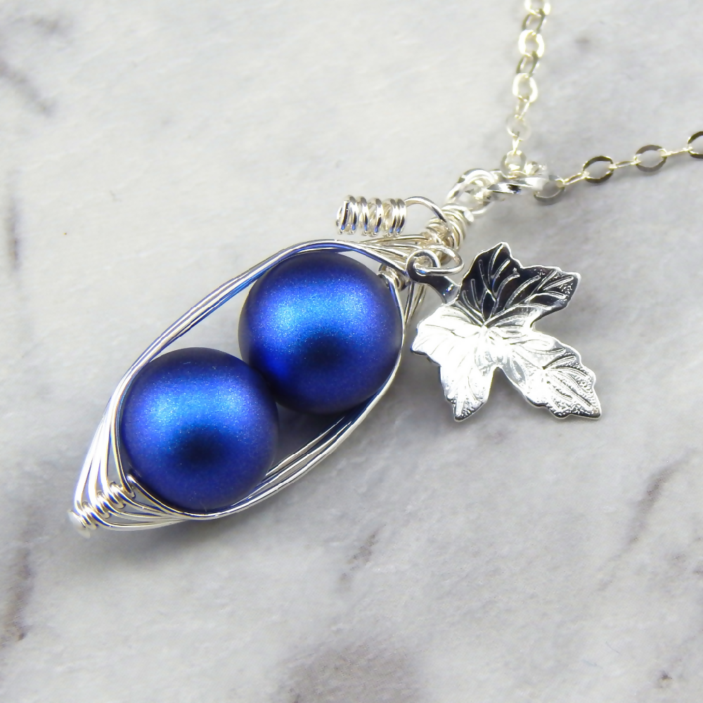 Two peas in a Pod Iridescent Dark Blue Necklace