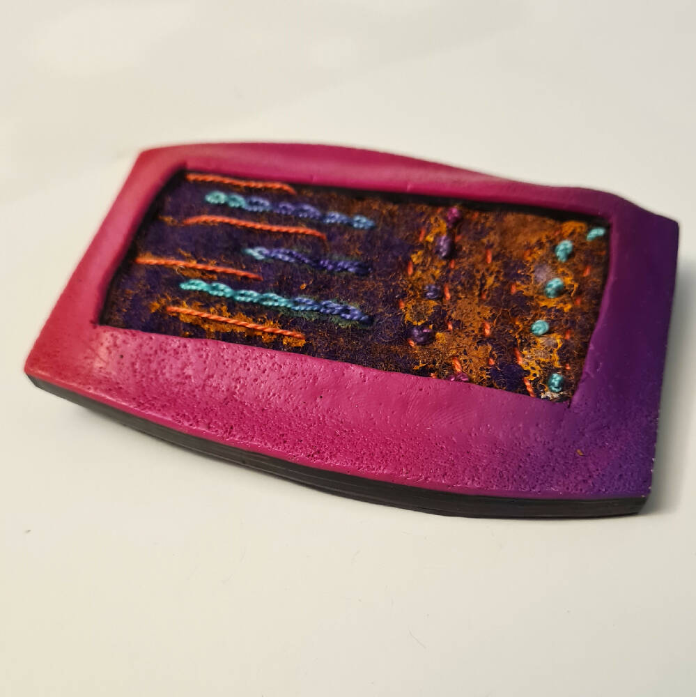 Pink polymer clay and felted brooch