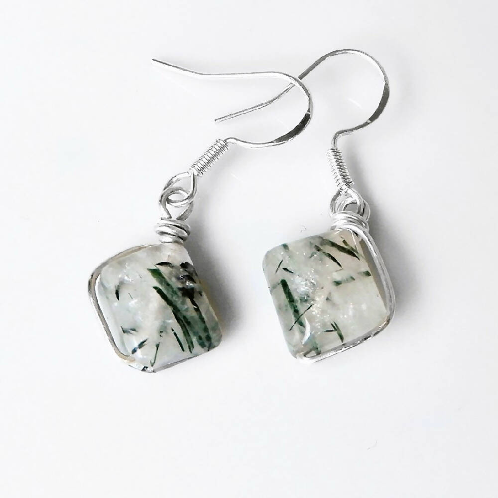 Crystal Tourmalinated Quartz earrings Sterling silver square