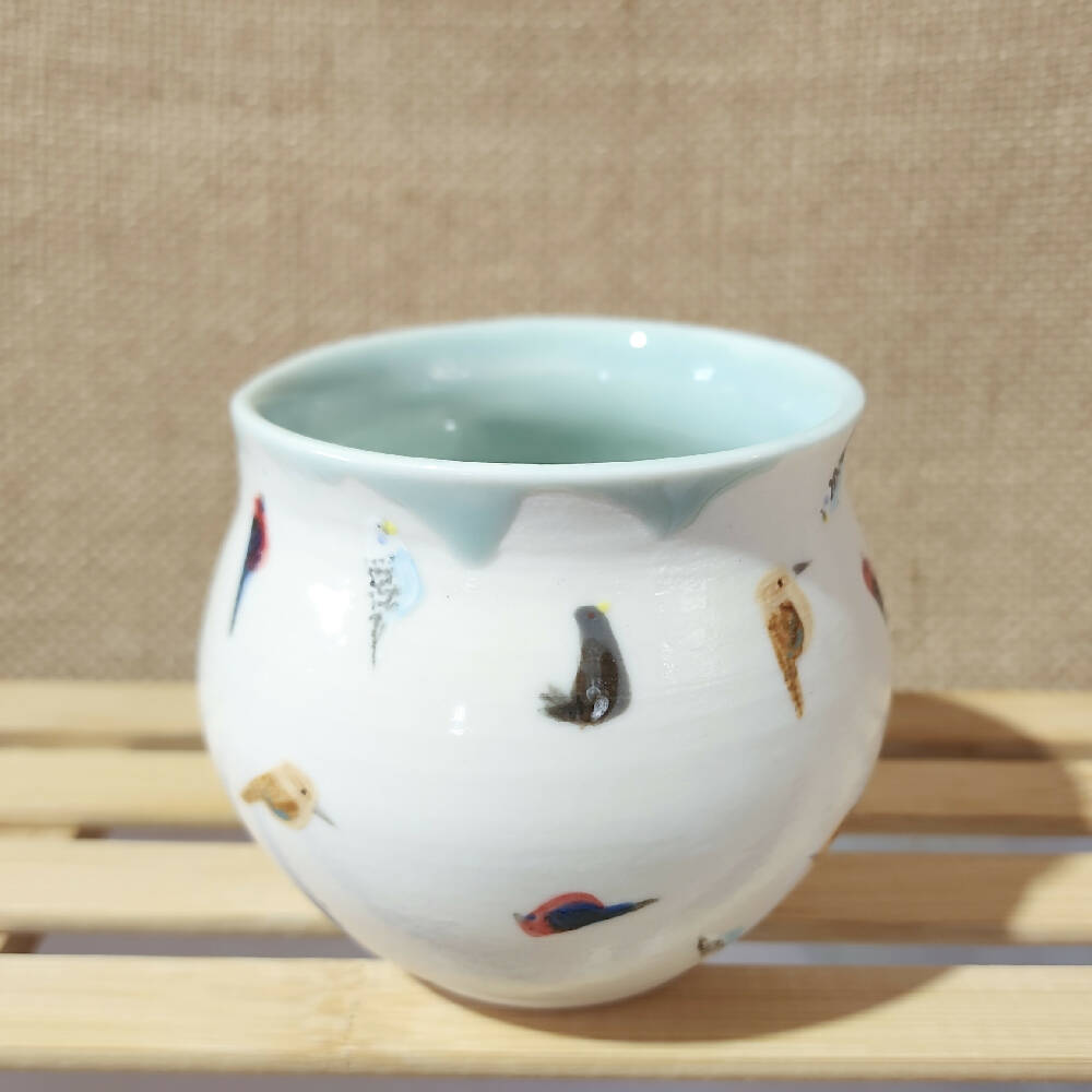 Celadon blue glazed porcelain birb doodle mug, handmade in tassie