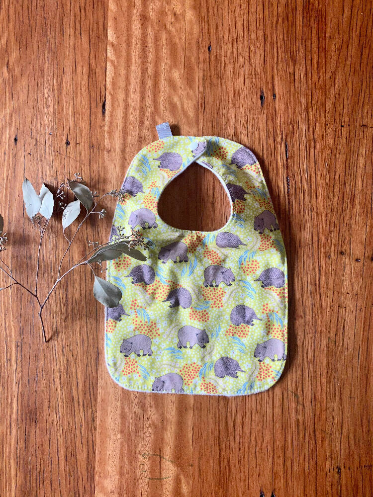 bib - green wombat echidna / organic cotton hemp fleecy / baby toddler