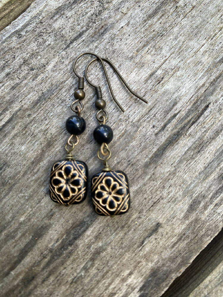 Black and Gold Etched Lucite and Brass Drop Earrings