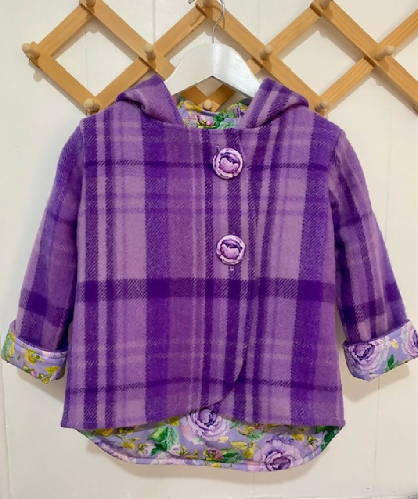 Purple Floral Vintage Wool Blanket Upcycled Coat Size 4