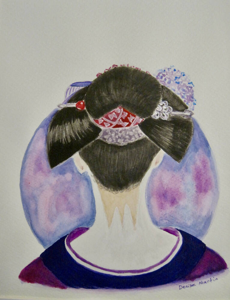 Geisha from the back showing sanbonashi makeup