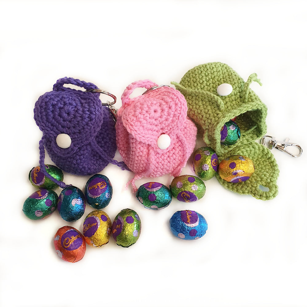 Backpack keyring mini bag tag crochet pink green purple