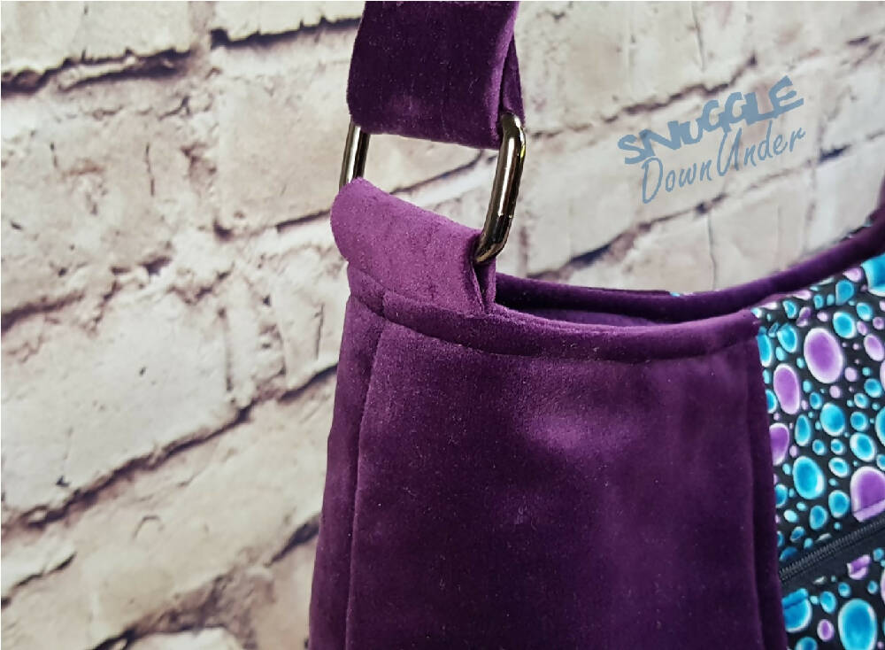 Velvet Crossbody Shoulder Bag Purse - Adjustable Strap - Purple Black & Turquoise