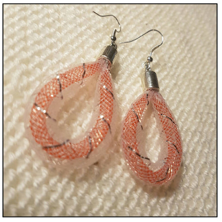 Dangle Earrings, White and silver nylon mesh with red insert.