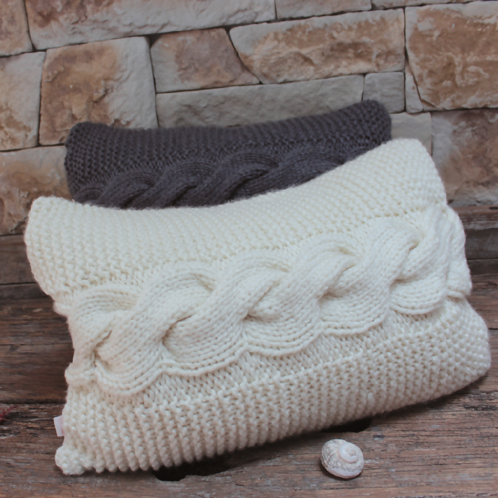 Knitted Ivory Pillow Cover. Fits standard Pillow. Cable Pillow.