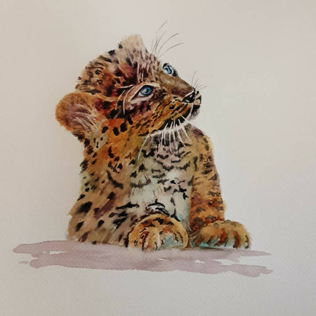 Cuteness Of Cub - original watercolour painting of leopard cub