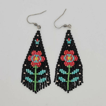 Beaded Earrings Black Folk Art Red Flower