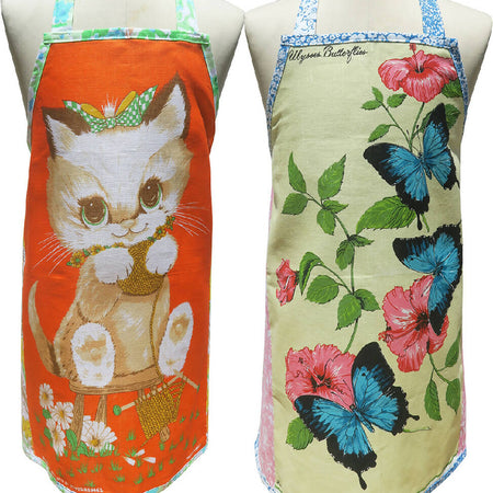 Retro - Knitting Cat Or Butterflies - Vintage Tea Towel Linen APRON