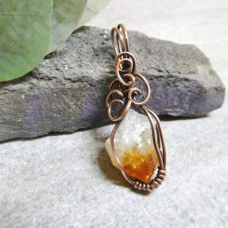 Raw Citrine point pendant necklace wire wrapped in copper