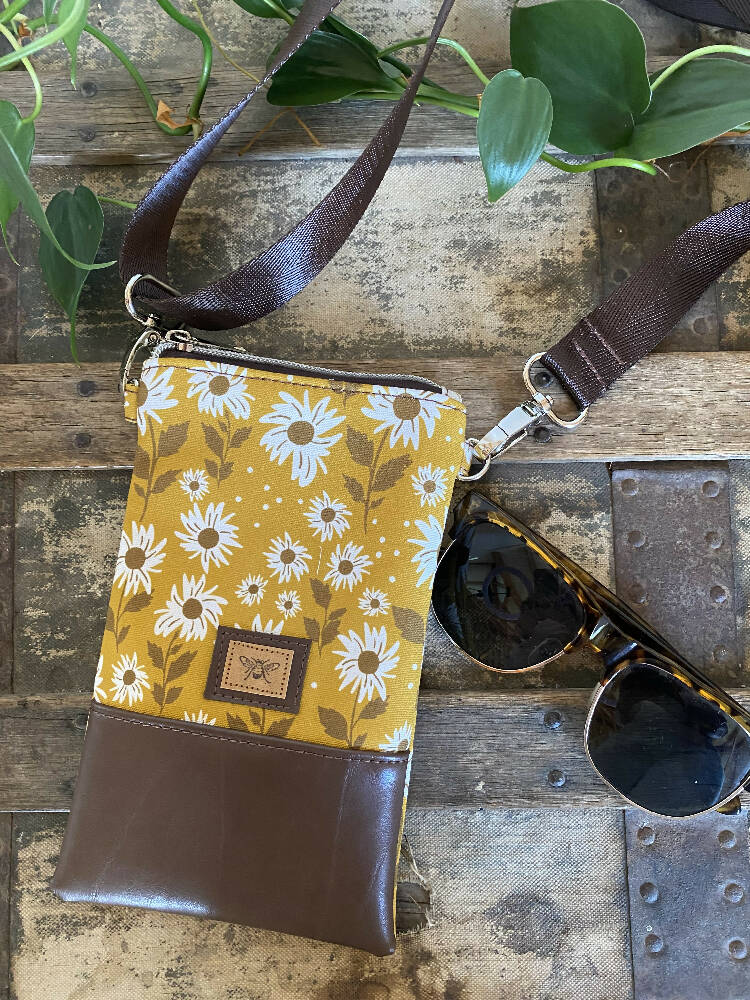 Mini Crossbody Bag - Small Sunflowers/Dk. Brown Faux Leather
