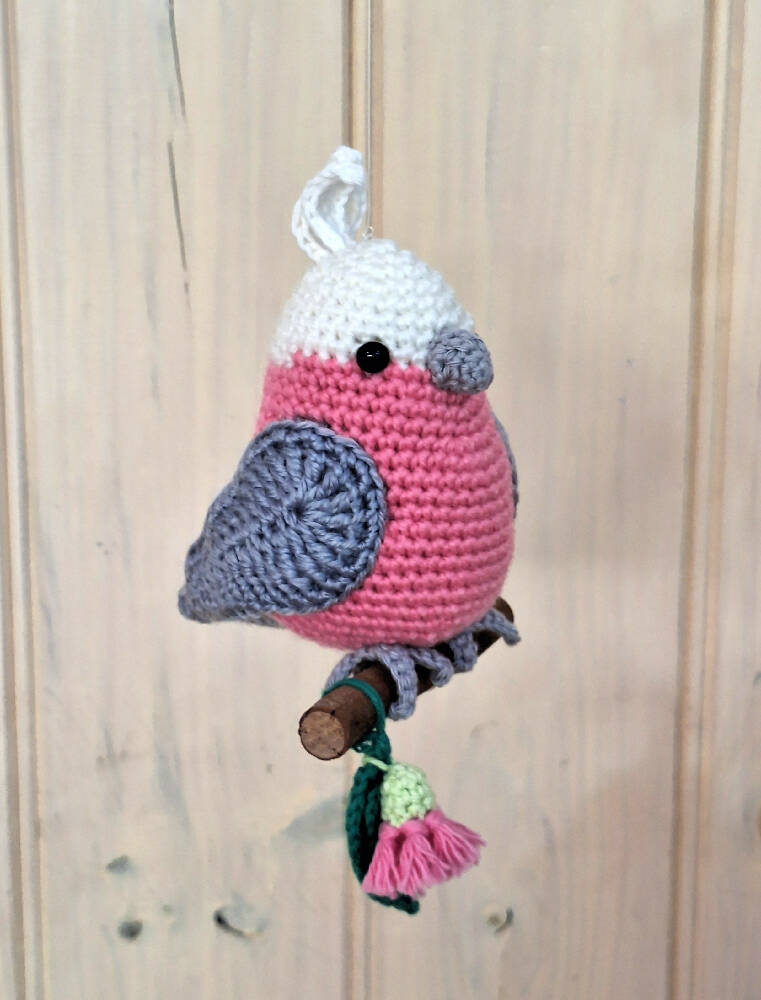 Hand crocheted pink galah room decoration or toy