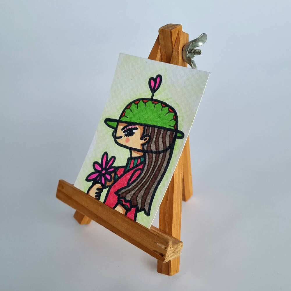 Kanas holding a flower - ACEO Original Ink and Watercolor on Watercolor Paper