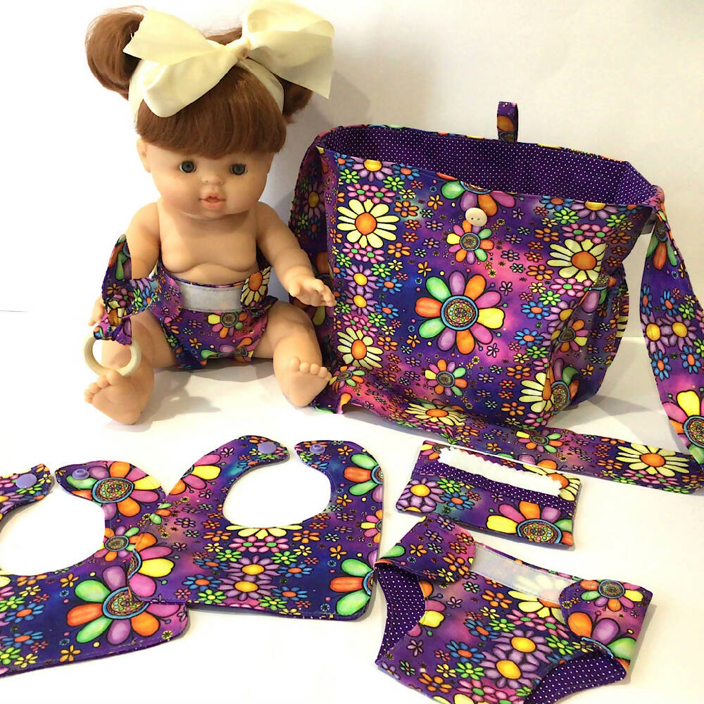 Nappy Bag and accessories for Baby Doll - purple crazy daisy #1