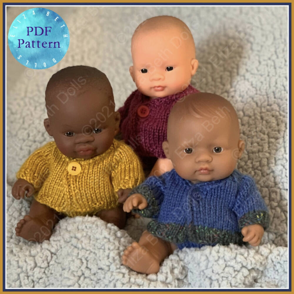 Miniland 21cm clothes, PDF digital pattern, Cardigan, Jacket, Coat, Boy, Girl, Unisex, Easy quick knit, Straight needles, Flat knit, Baby doll clothes, Cute outfit, Doll accessories, Minikane, 8inch, Eliza Beth Dolls, ElizaBethDolls, Australia, Clear instructions, Photos, 8ply DK yarn, Beginner friendly, Basic knitting, Simple pattern