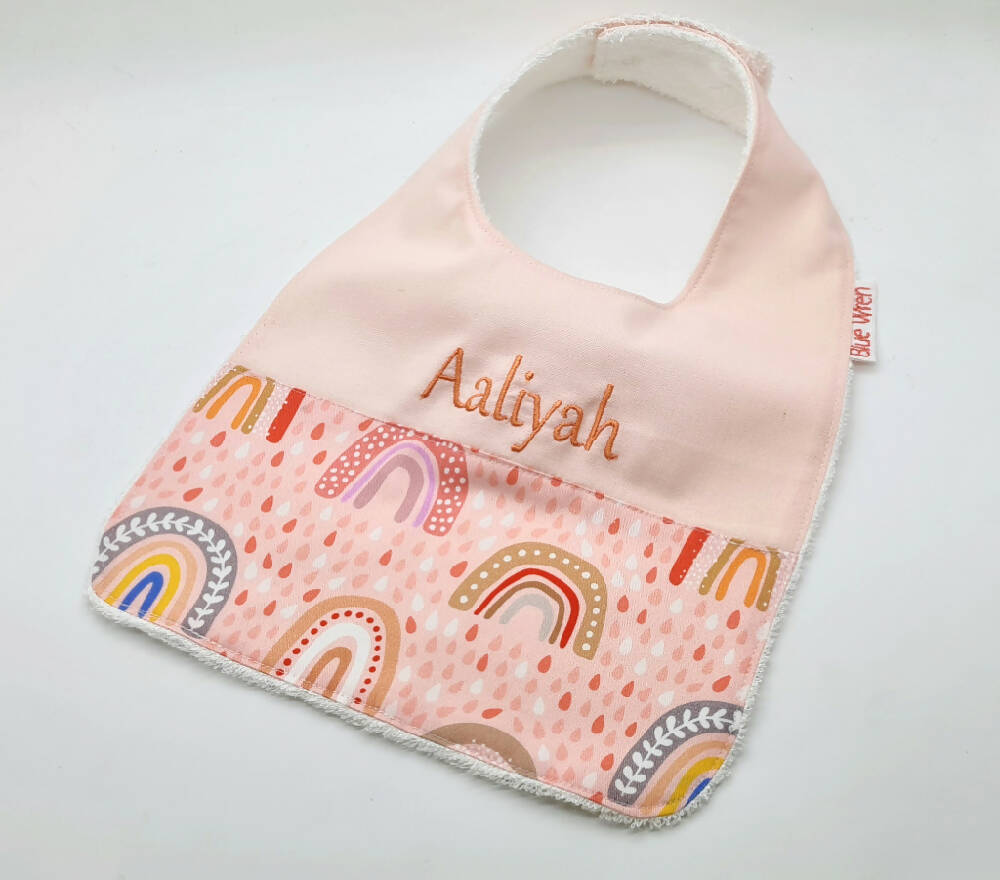 Personalised Baby Bib Gift Rainbow Cotton Fabric