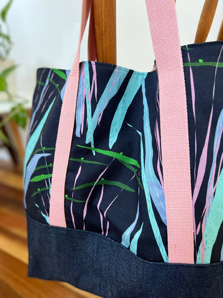 Tote Bag for Shopping/Market/Beach – 'Paper Roots' on Navy Blue + Denim