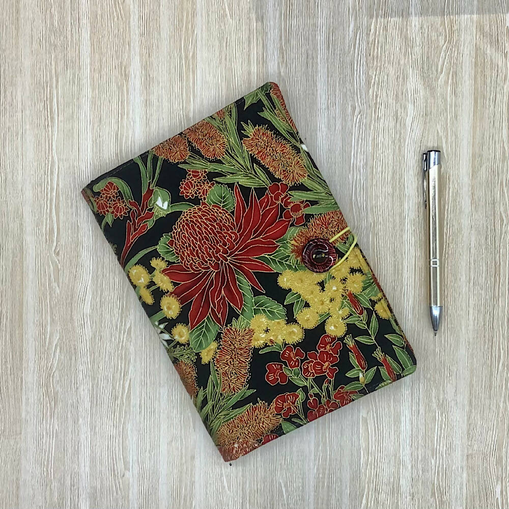Australian Waratah floral refillable A5 fabric notebook cover gift set - Incl. book and pen.