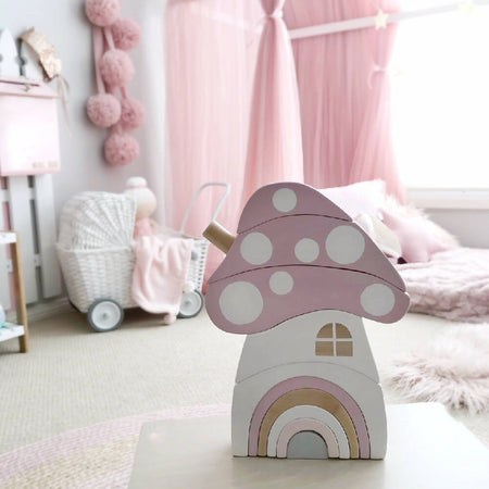 Wooden Toadstool House stacking puzzle with Rainbow Door. (Dusky Pink