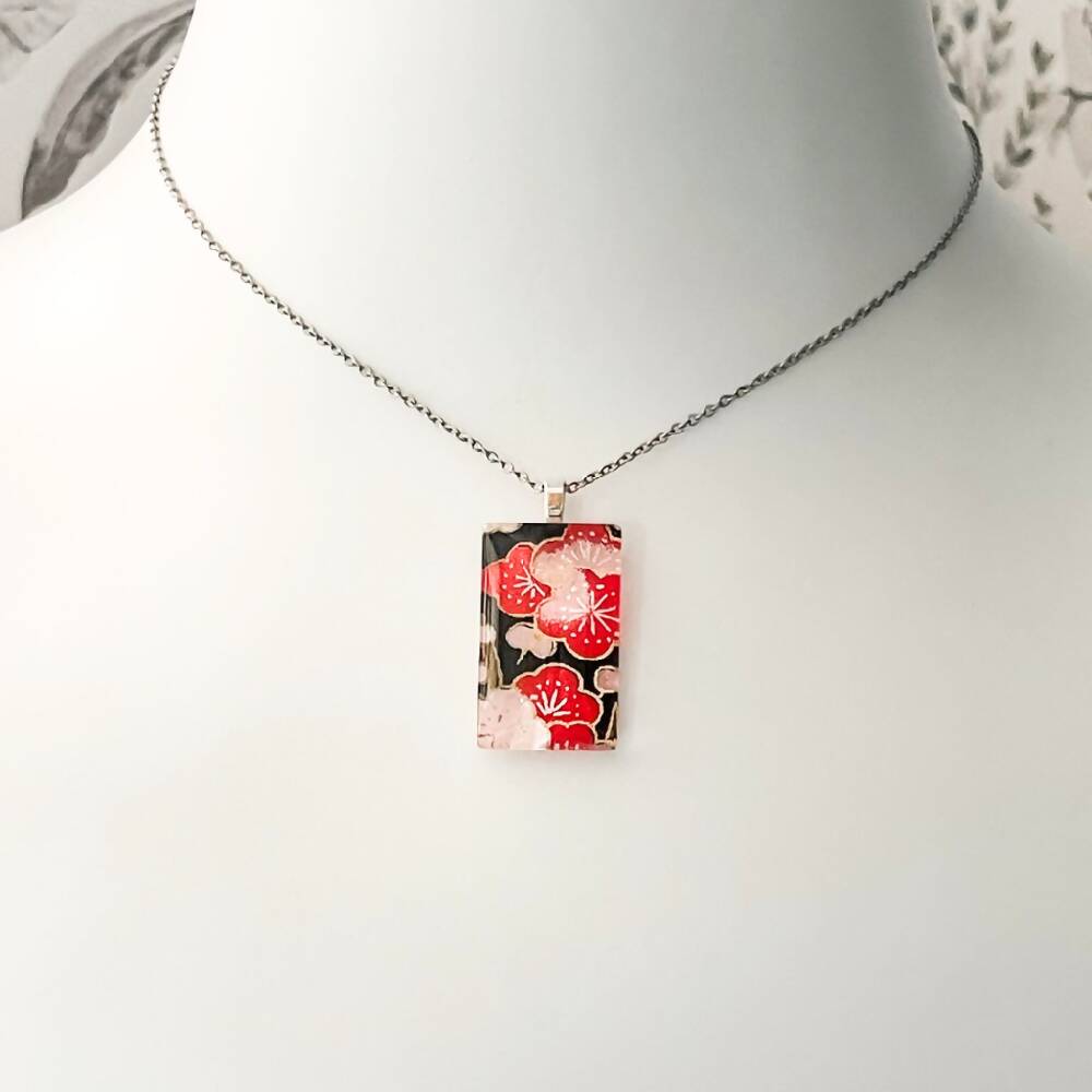 Red Cherry Blossom Flower Necklace • Japanese Paper, Resin and Glass Pendant