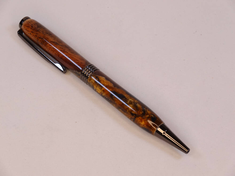 Wood-Resin Blue/Gold mix Swirl Streamline pen.