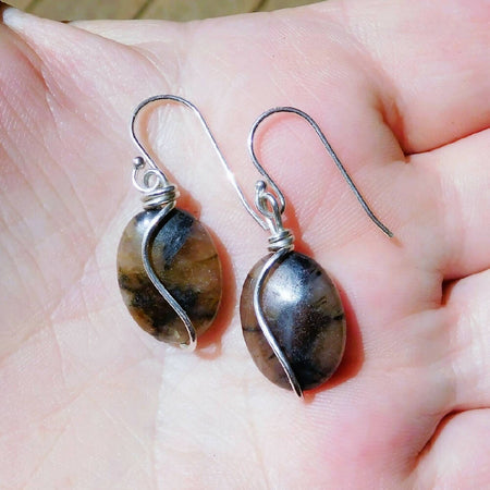 Andalusite Chiastolite oval gemstone earrings Sterling silver wrapped