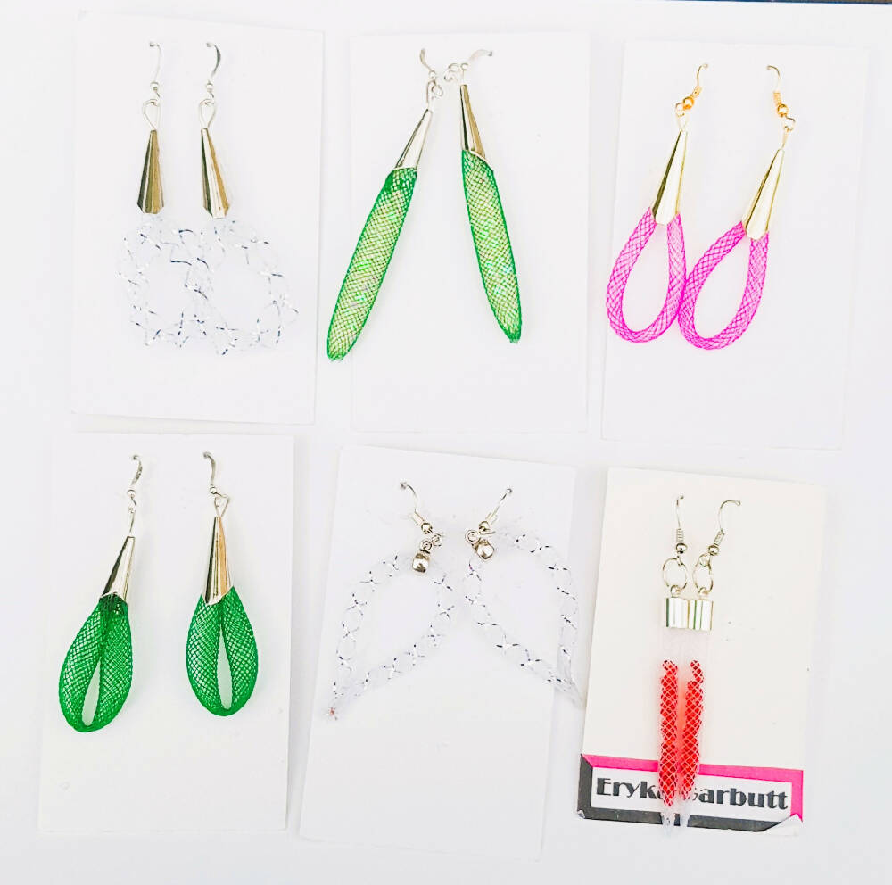 Green nylon mesh Dangle earrings, loop style silver hooks