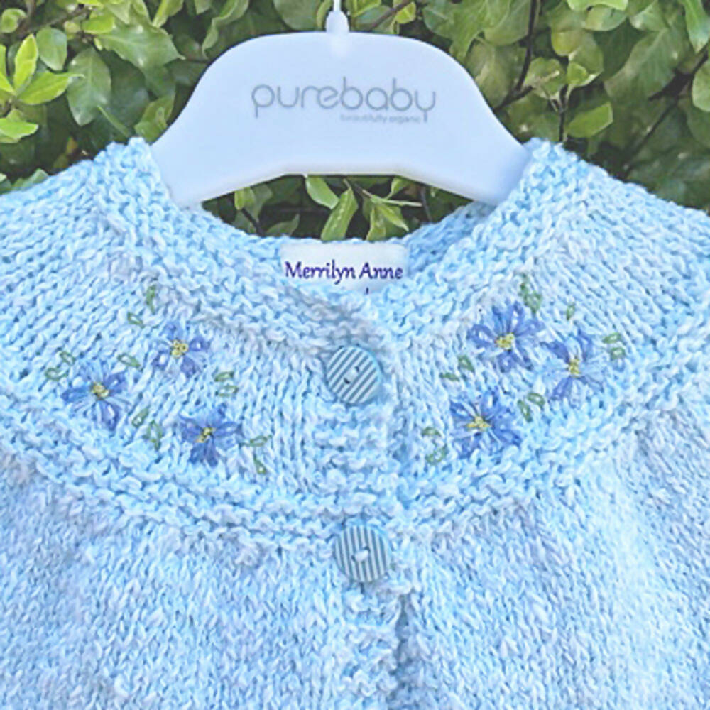 Special occasion cardigan. Blue with hand embroidered flowers. Wedding, baptism.