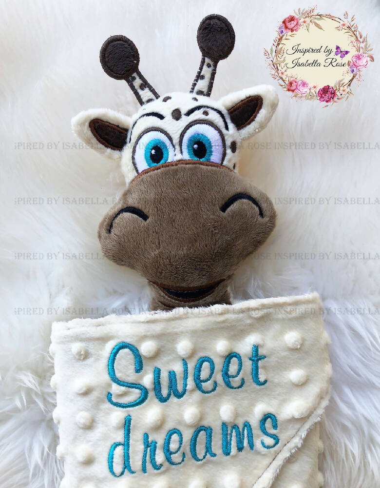 Baby comforter, Embroidered name, Giraffe themed Ruggybud, Made to order